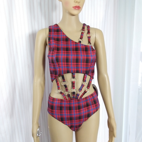 DOLLS KILL Silky Lined Red Plaid Bodysuit w Straps & O-Rings NWT Sz S - Picture 10 of 16